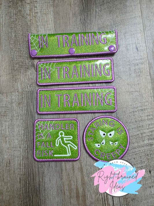 In Training Creepy Crawley Inspired Purple and Glow-in-the-Dark White on Sparkle Lime Green Vinyl Five-piece Patch Set