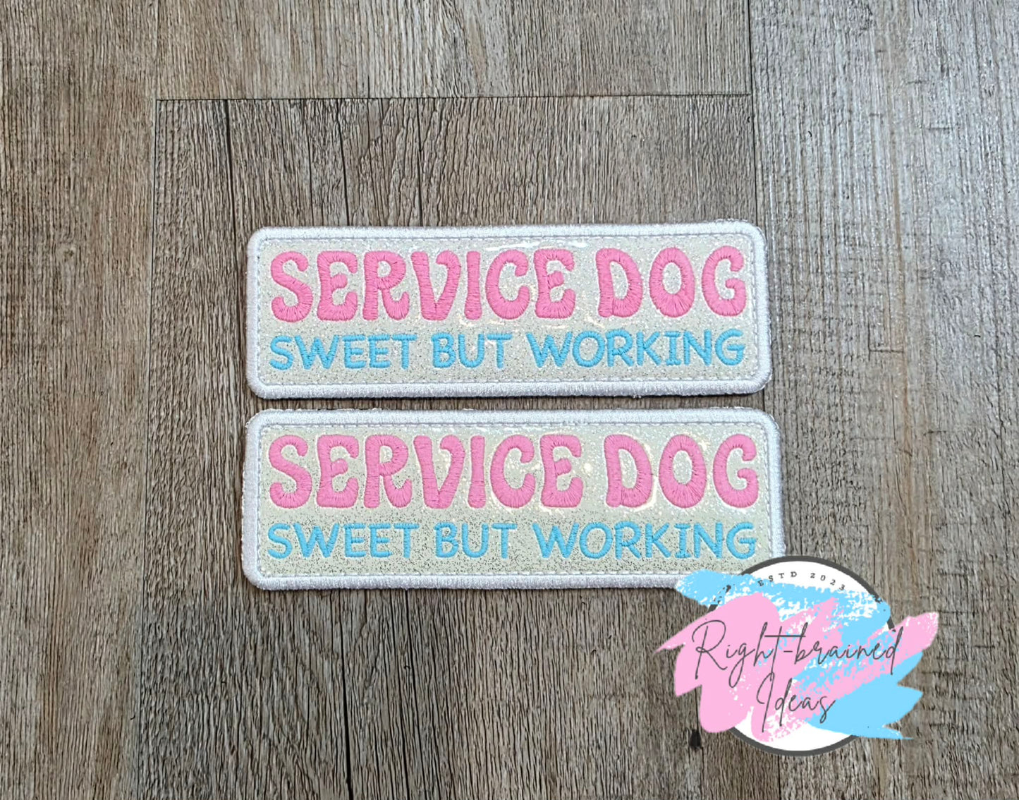 Frosted And Sweet Conversation Heart Inspired Service Dog Working Multi-colored On Sparkle White Vinyl Five-piece Patch and Leash Wrap Set