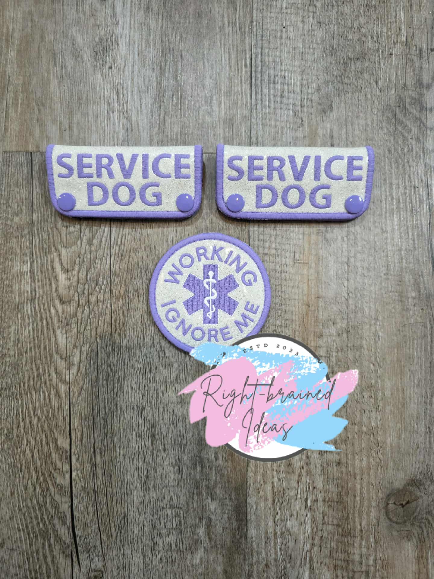 Service Dog Flat Matt Purple On Sparkle White Vinyl Three-piece Patch and Mini Leash Wrap Set