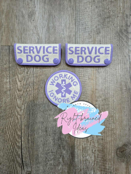 Service Dog Flat Matt Purple On Sparkle White Vinyl Three-piece Patch and Mini Leash Wrap Set