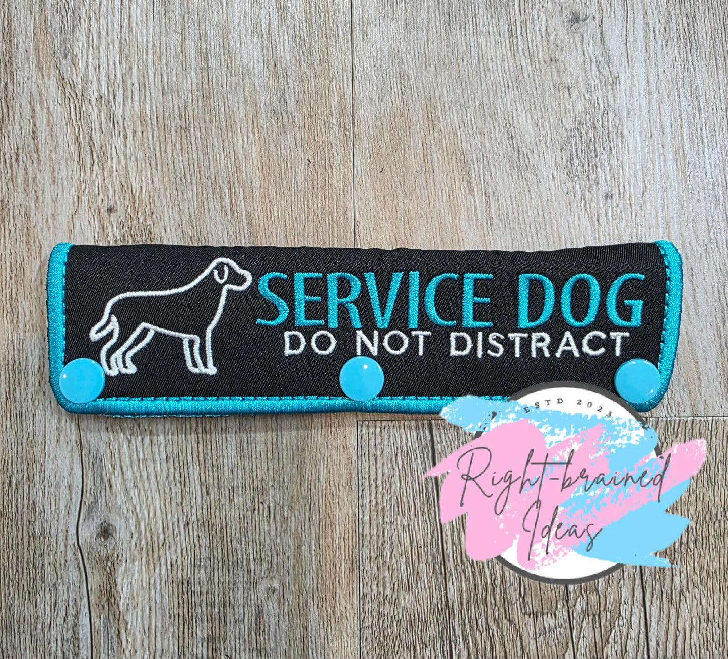 Service Dog Do Not Distract Teal And White On Lightweight High Performance Black Twill Five-piece Patch and Leash Wrap Set