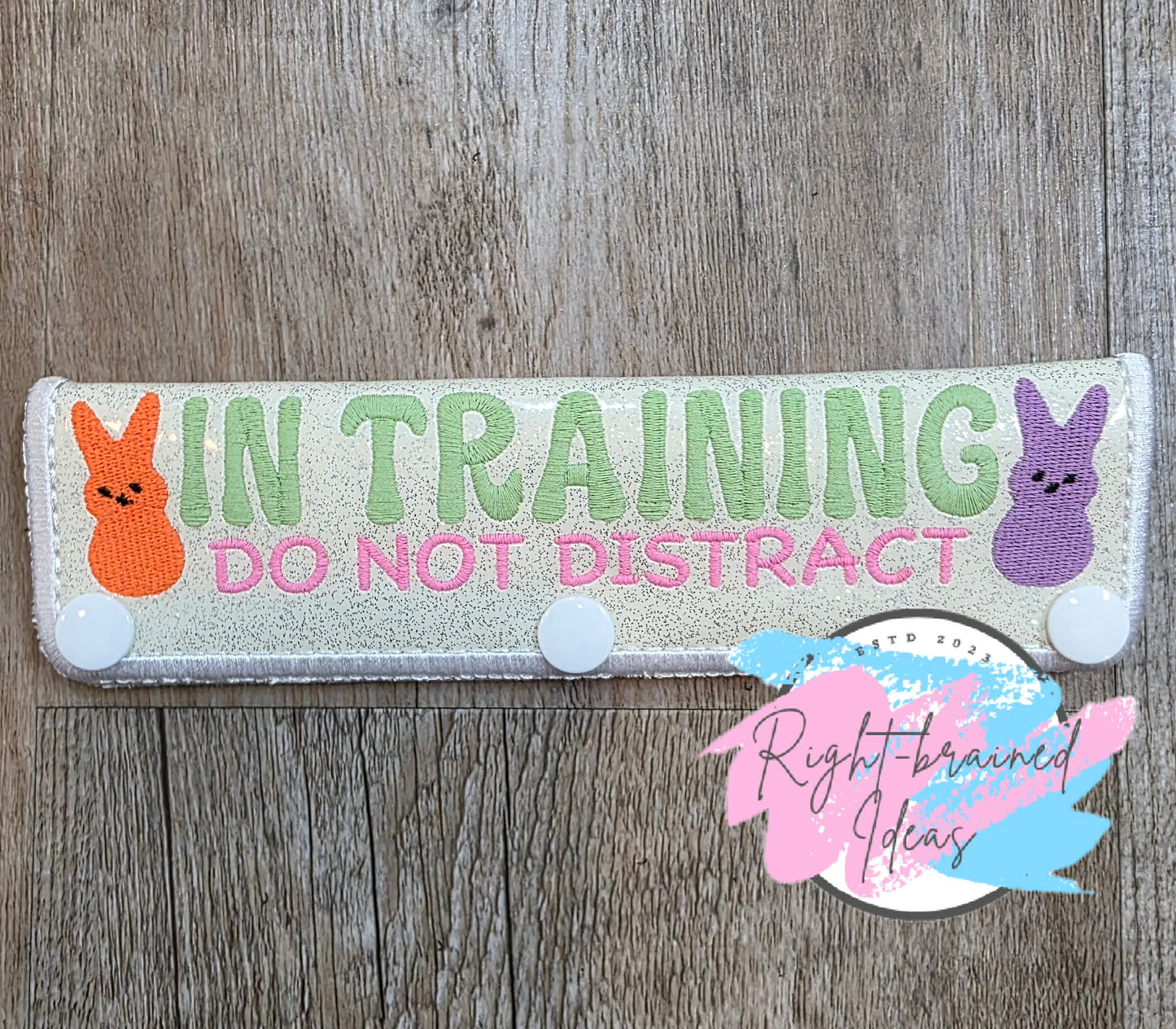 Easter Bunny Marshmallow In Training Do Not Distract On Sparkle White Vinyl Five-piece Oversized Patch And Leash Wrap Set