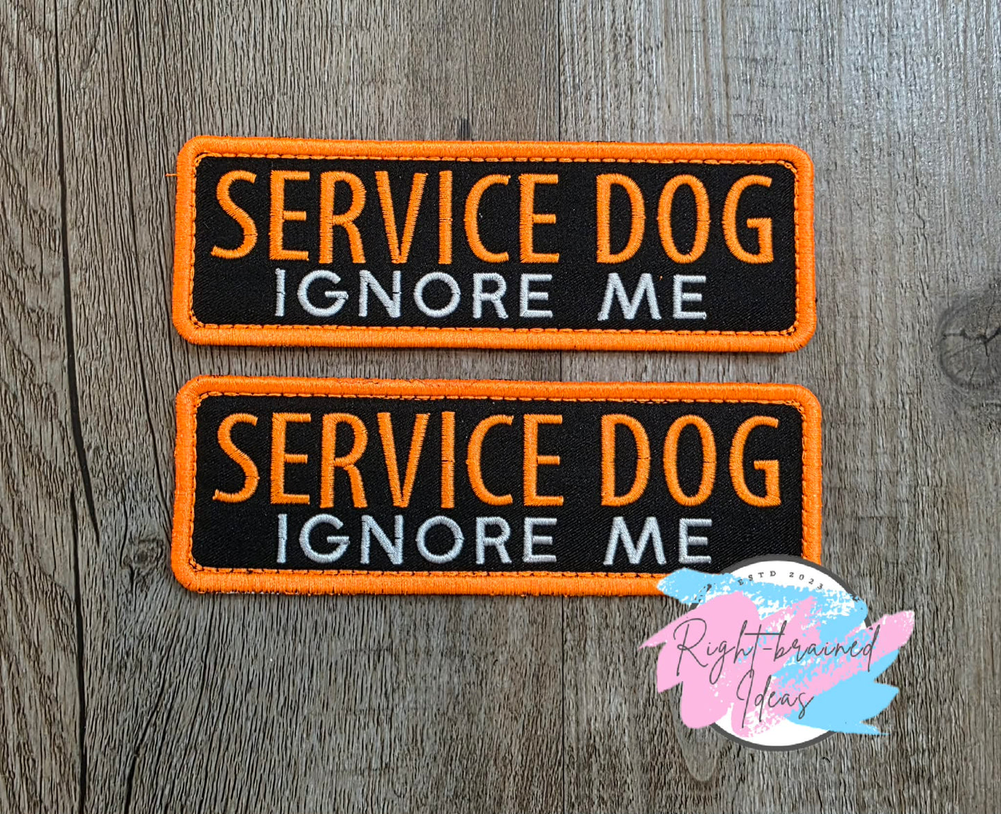 Grow-With-Them-Set Service Dog Ignore Me Neon Orange And White On Lightweight High Performance Black Twill Six-piece Patch Set