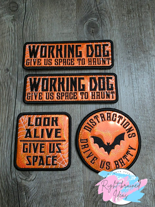 Spooky Season Inspired Working Dog Black And Glow-In-The-Dark White On Sparkle Neon Orange Holographic Vinyl Four-piece Patch Set