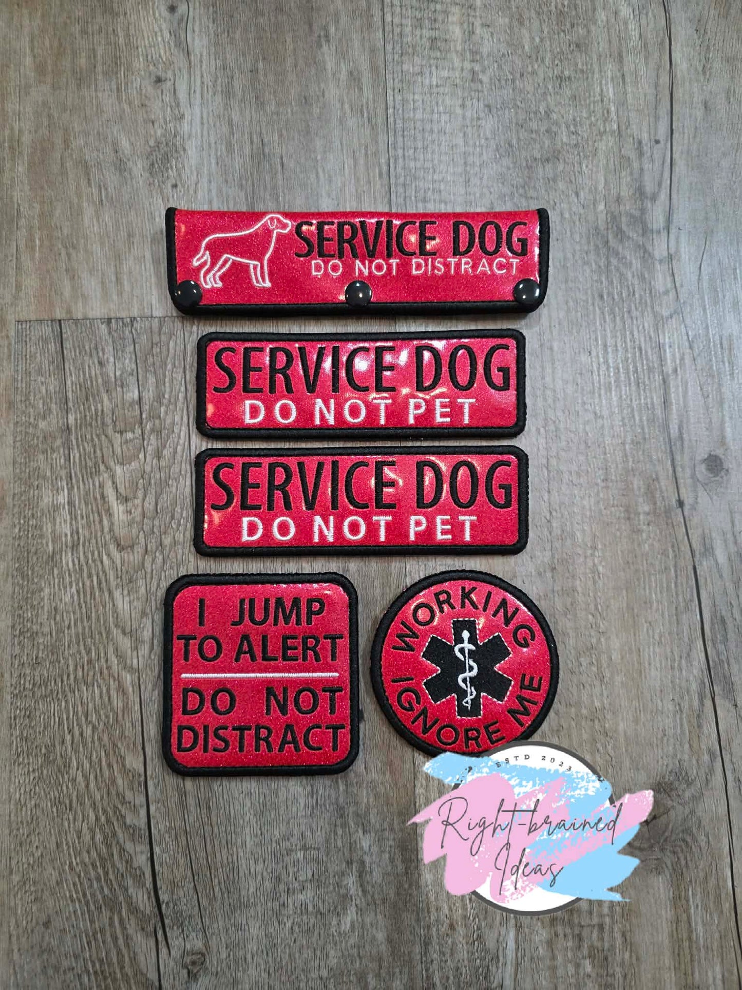 Service Dog Do Not Distract Black And White On Sparkle Red Vinyl Five-piece Patch and Leash Wrap Set