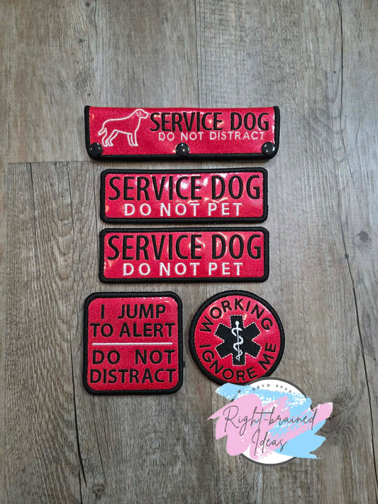 Service Dog Do Not Distract Black And White On Sparkle Red Vinyl Five-piece Patch and Leash Wrap Set