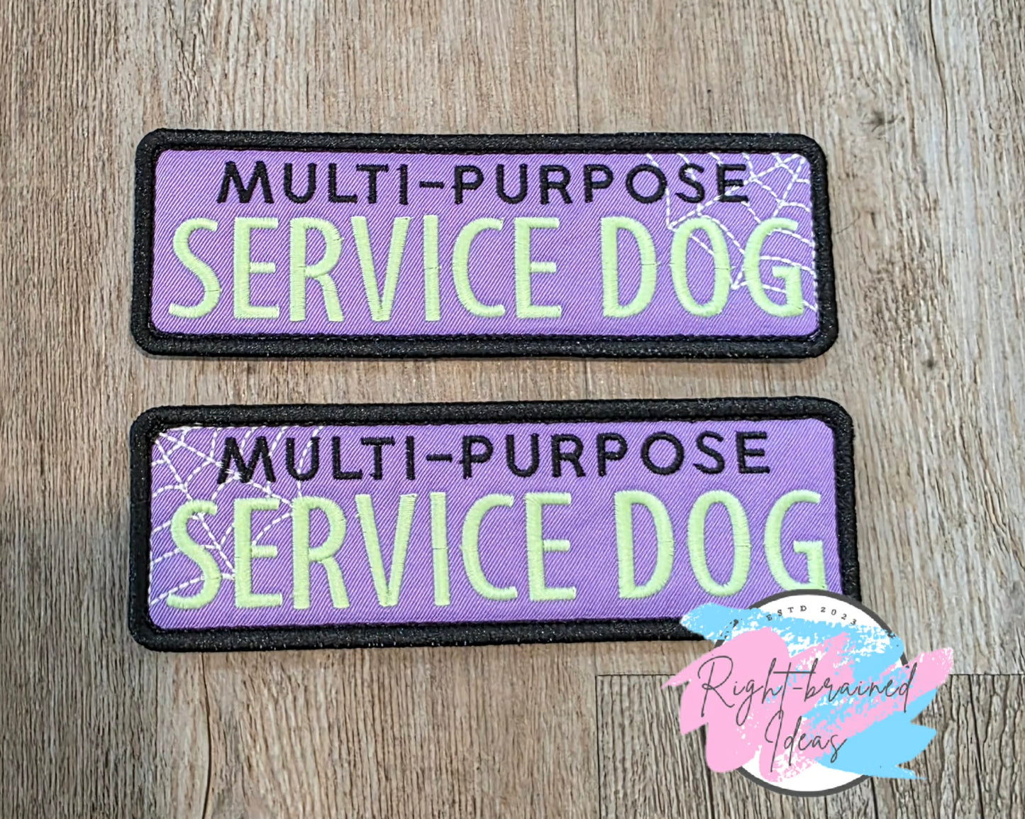 Service Dog Spooky Season Inspired Multi-purpose Glow-In-The-Dark light Green and Black on Lavender Light-Weight High Performance Twill Five-piece Patch and Patch Tab Set