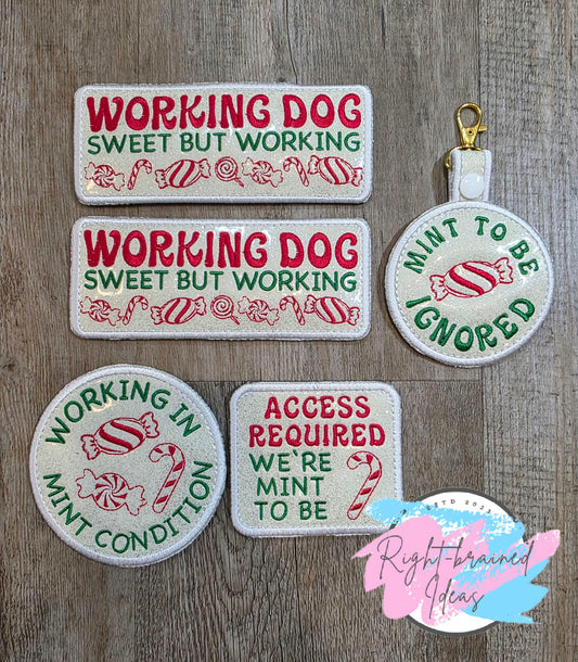 Peppermint Inspired Oversized Working Dog Red And Green On Sparkle White Vinyl Five-piece Patch And Patch Tab Set