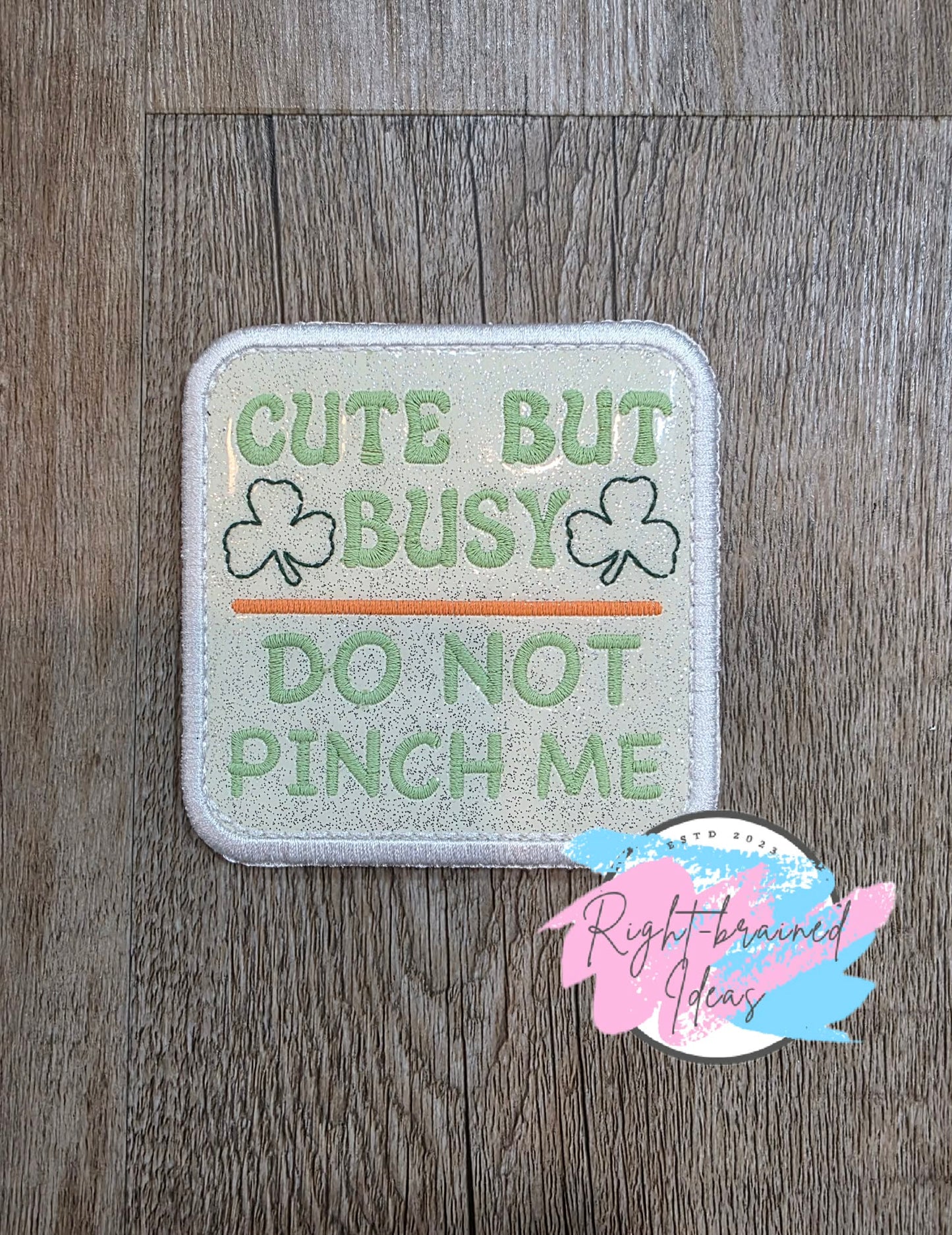 Shamrock Inspired Service Dog Cute But Working Flat Matt Mint Green, Flat Matt Forest Green, Flat Matt Orange And White On Sparkle White Vinyl Four-piece Patch Set