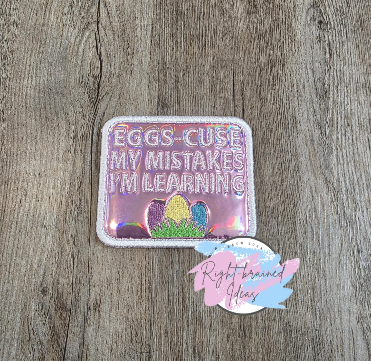 Easter Egg and Bunny Inspired In Training White on Light Pink Holographic Vinyl Four-piece Patch and Patch Tab Set