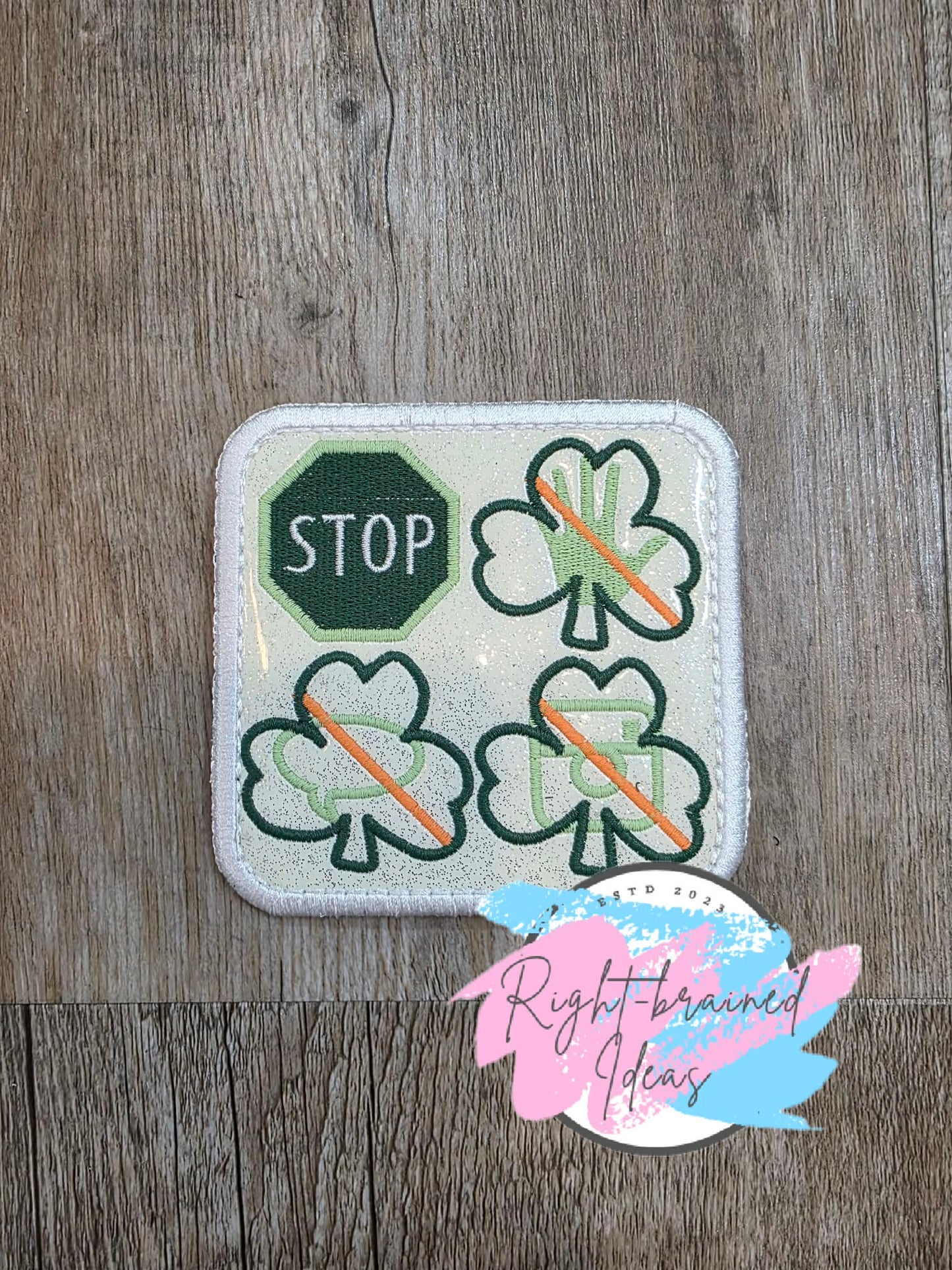 Oversize Shamrock Inspired In Training I'm Their Lucky Charm Flat Matt Mint Green, Flat Matt Forest Green, Flat Matt Orange And White On Sparkle White Vinyl Four-piece Patch Set With Oversized Patches