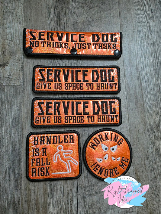 Creepy Crawley Inspired Service Dog Glow-In-The-Dark White And Black On Sparkle Neon Orange Holographic Vinyl Five-piece Patch And Leash Wrap Set
