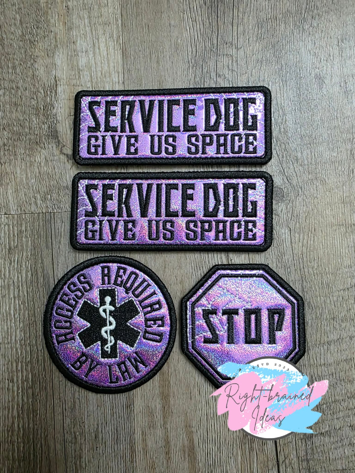 Fun Size Creepy Crawley Inspired Service Dog Glow-In-The-Dark White And Black On Sparkle Purple Holographic Vinyl Four-piece Patch Set