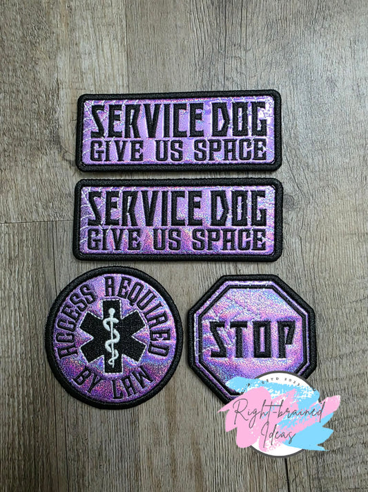 Fun Size Creepy Crawley Inspired Service Dog Glow-In-The-Dark White And Black On Sparkle Purple Holographic Vinyl Four-piece Patch Set