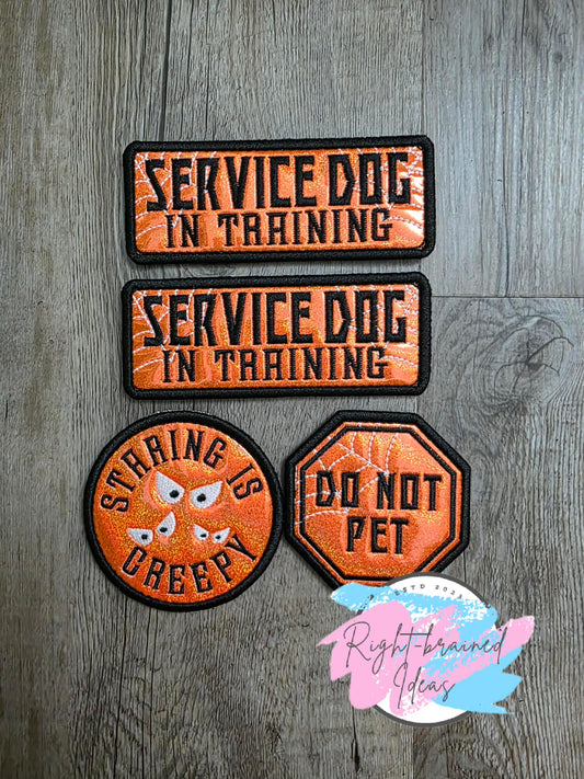 Fun Size Creepy Crawley Inspired Service Dog In Training Glow-In-The-Dark White And Black On Sparkle Neon Orange Holographic Vinyl Four-piece Patch Set