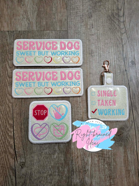 Frosted And Sassy Conversation Heart Inspired Service Dog Sweet But Working Multi-colored On Sparkle White Vinyl Four-piece Oversized Patch and Patch Tab Set