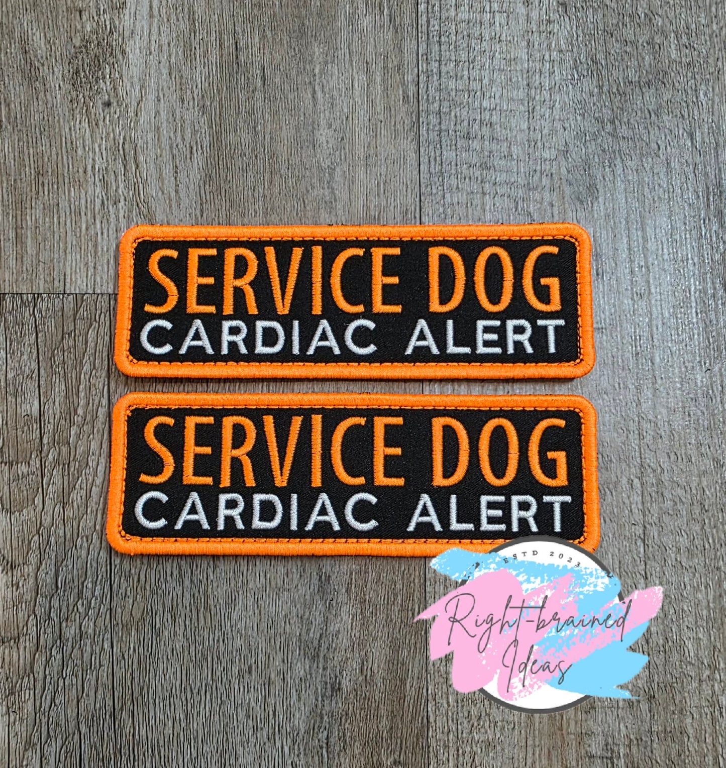 Service Dog Cardiac Alert Neon Orange And White On Lightweight High Performance Black Twill Four-piece Patch Set