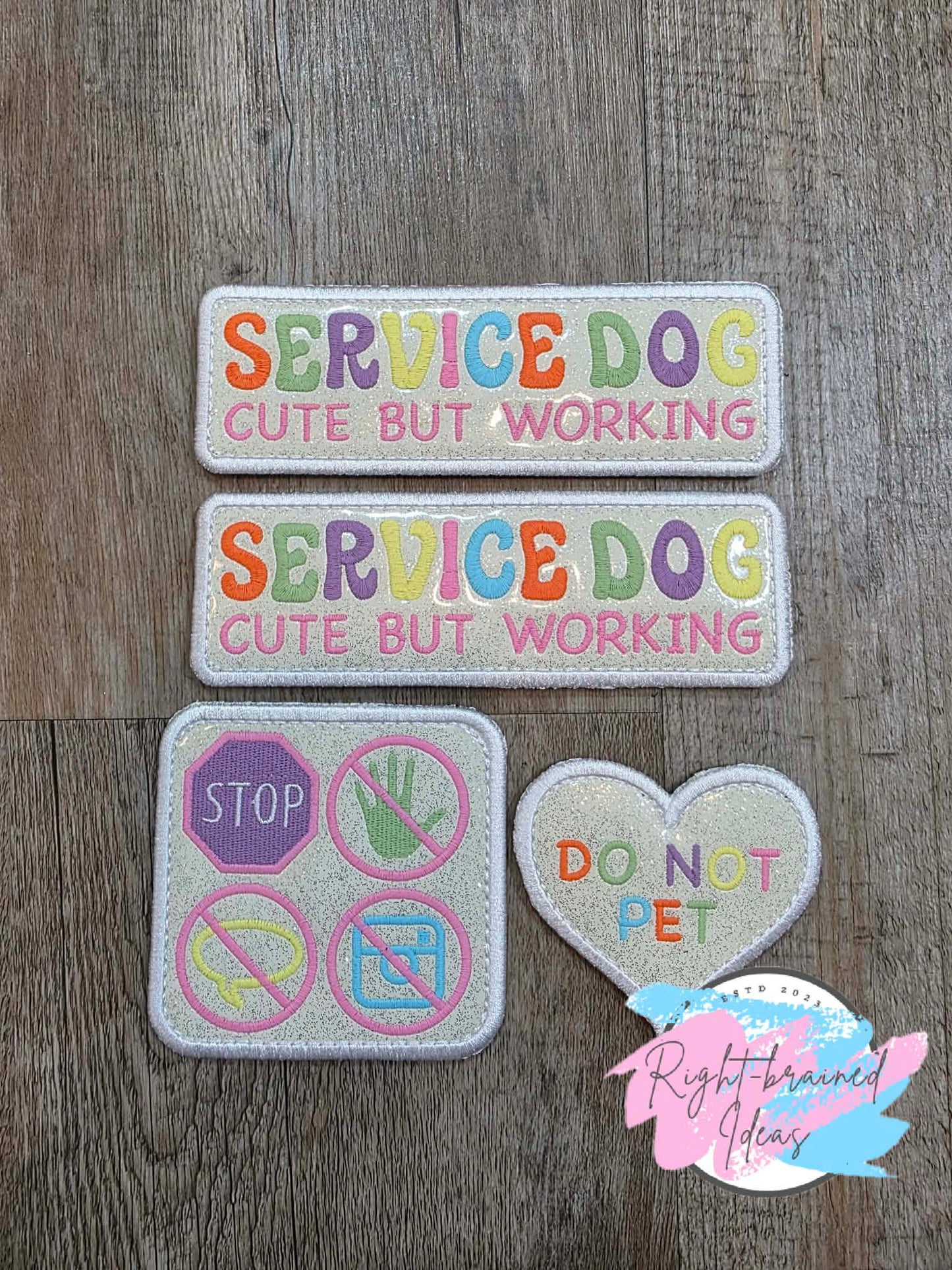 Spring Inspired Service Dog Do Not Pet Multi-colored Flat Matt Palette On Sparkle White Vinyl Four-piece Patch Set