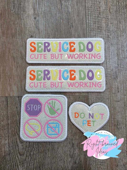 Spring Inspired Service Dog Do Not Pet Multi-colored Flat Matt Palette On Sparkle White Vinyl Four-piece Patch Set