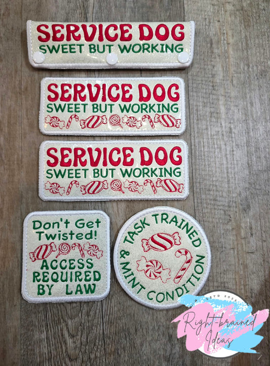 Peppermint Inspired Oversized Service Dog Red And Green On Sparkle White Vinyl Five-piece Patch And Leash Wrap Set