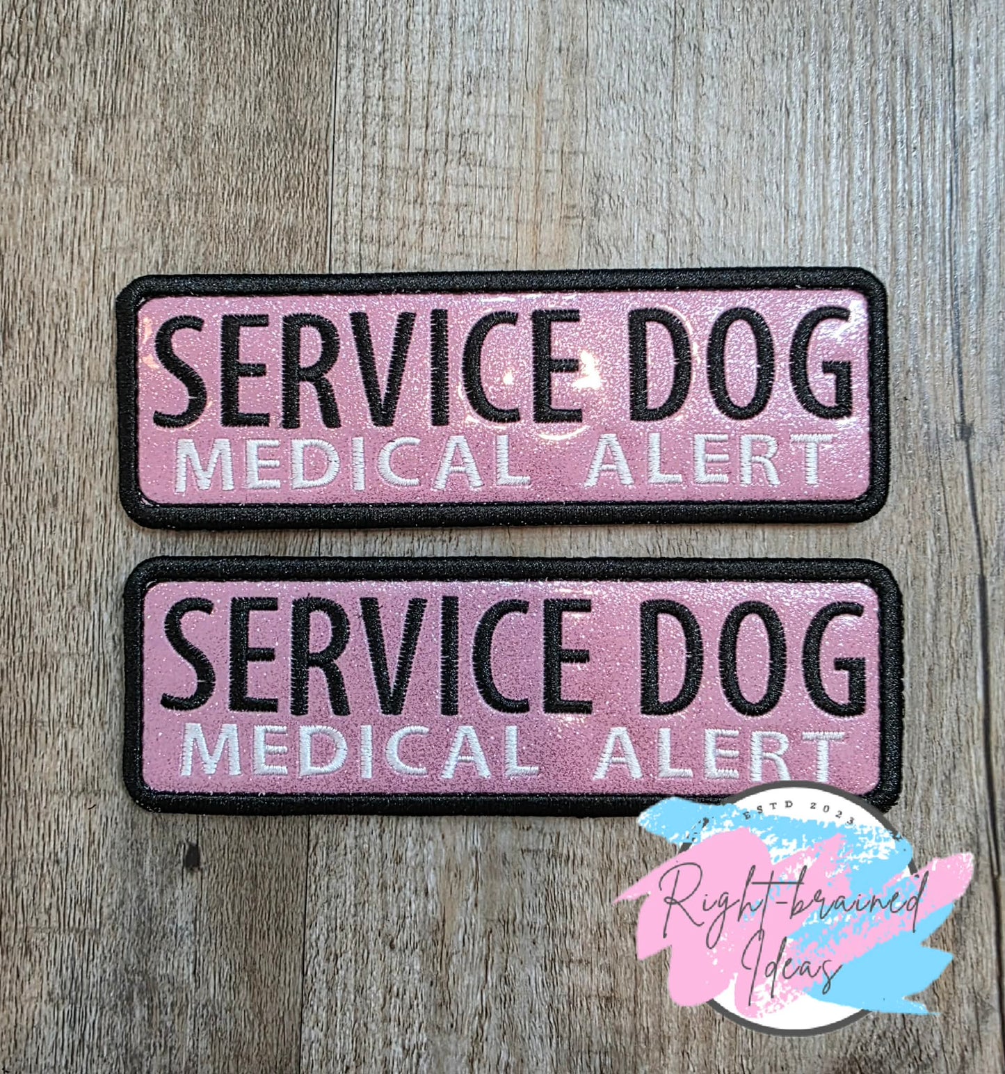 Service Dog Medical Alert Black And White On Sparkle Light Pink Vinyl Five-piece Patch And Leash Wrap Set