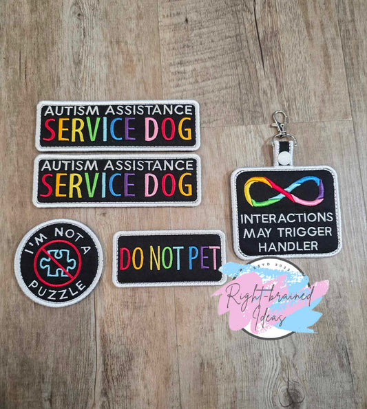 Autism Assistance Service Dog Rainbow And White On Black Light-Weight High Performance Twill Five-piece Patch and Patch Tab Set