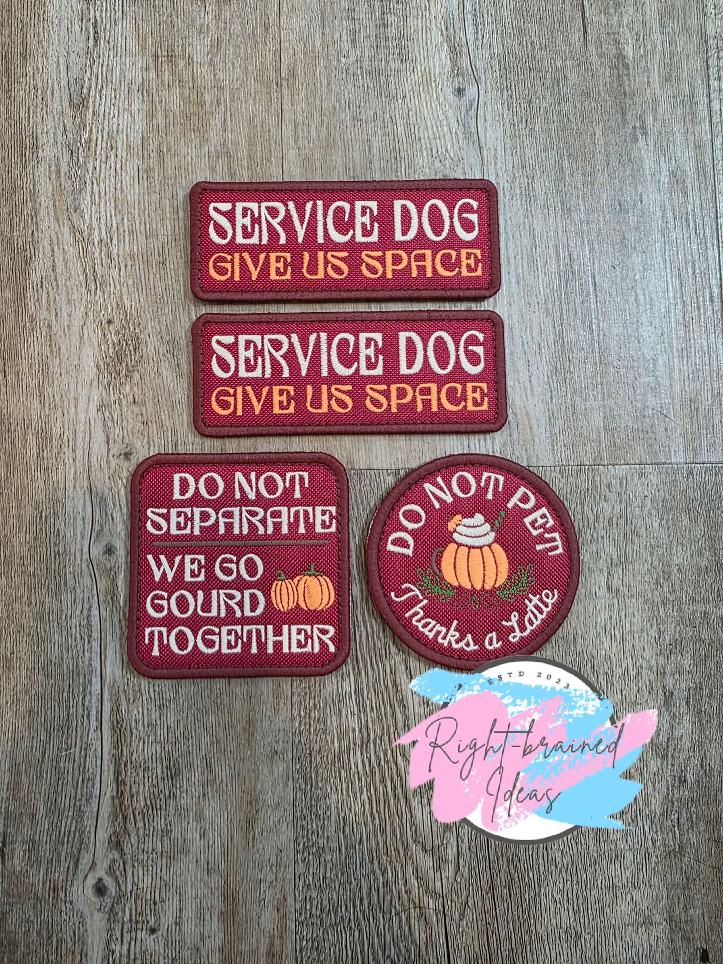 Autumn Inspired Fun Size Service Dog We Go Gourd Together Fall Matt Palette Of Colors On Maroon Ottertex Canvas