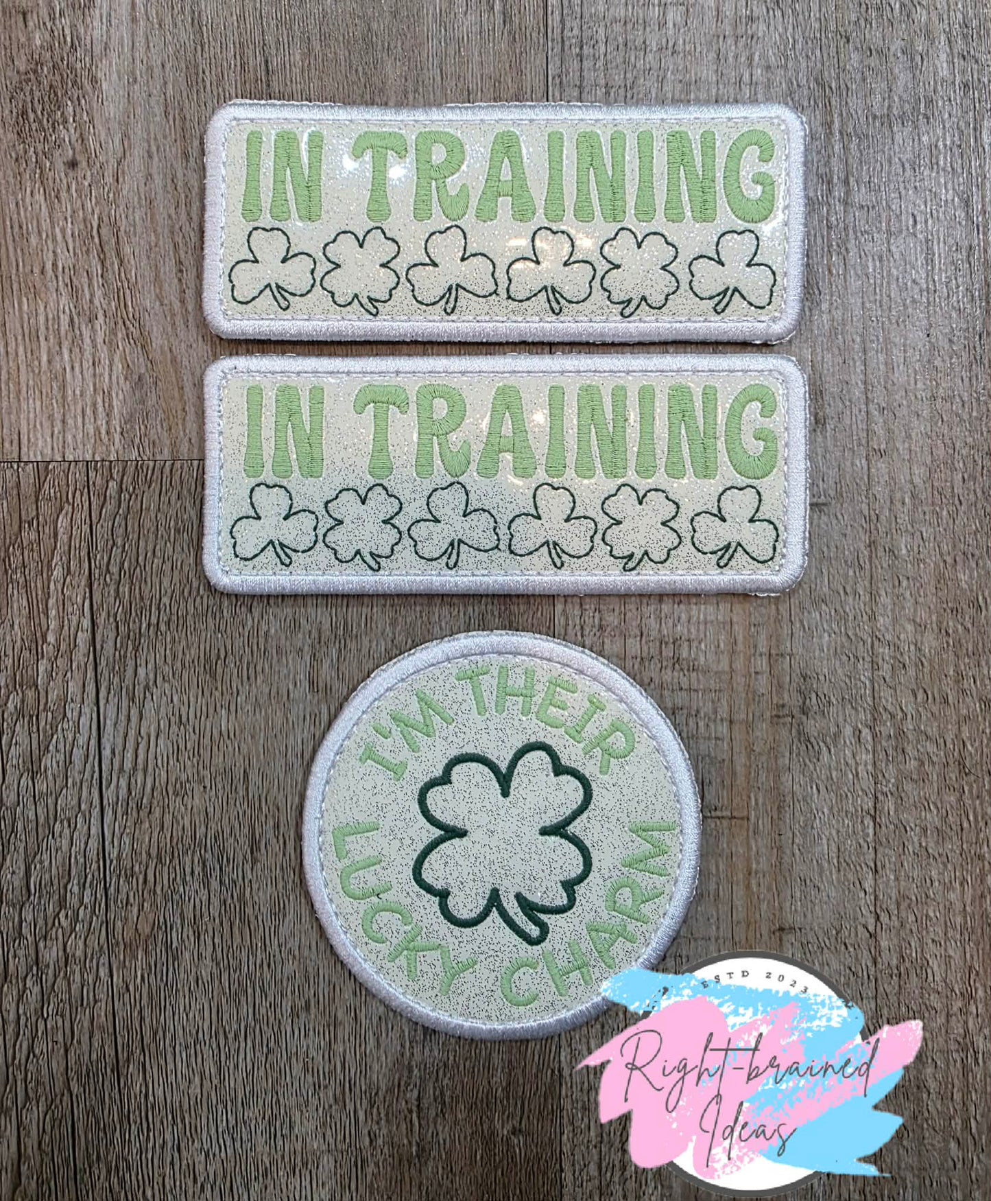 Fun Size Shamrock Inspired Flat Matt Mint, Flat Matt Forest Green And White On Sparkle White Vinyl Three-piece Patch Set