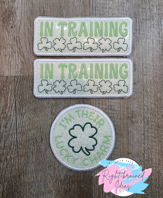Fun Size Shamrock Inspired Flat Matt Mint, Flat Matt Forest Green And White On Sparkle White Vinyl Three-piece Patch Set