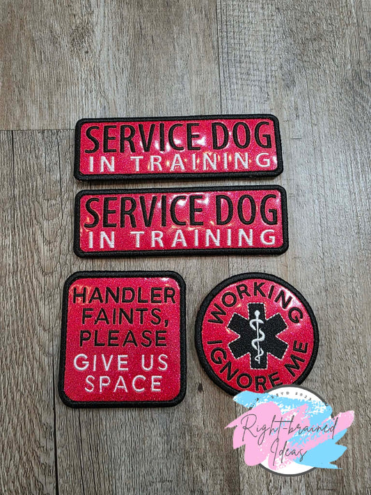 Service Dog In Training Black And White On Sparkle Red Holographic Vinyl Four-piece Patch Set