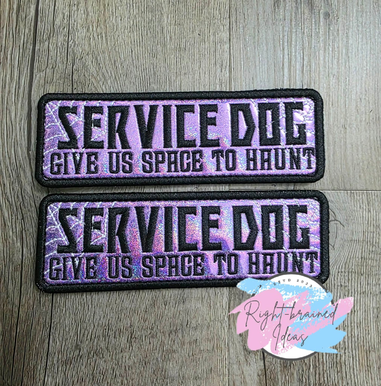 Creepy Crawley Inspired Service Dog Glow-In-The-Dark White And Black On Sparkle Purple Holographic Vinyl Five-piece Patch And Leash Wrap Set