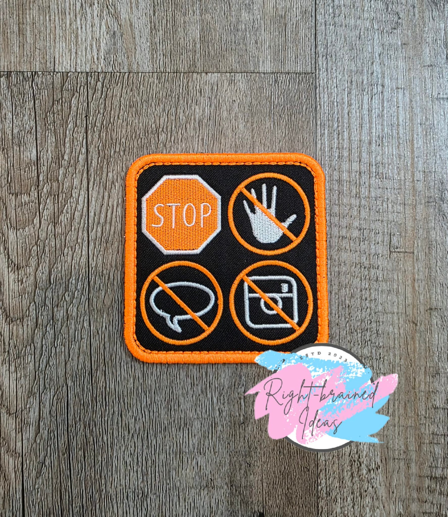 Grow-With-Them-Set Service Dog Ignore Me Neon Orange And White On Lightweight High Performance Black Twill Six-piece Patch Set