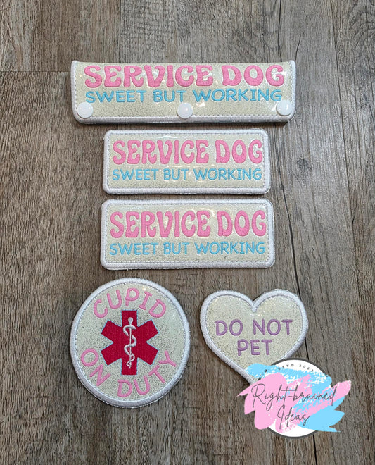 Fun Size, Frosted And Sweet Conversation Heart Inspired Service Dog Multi-colored On Sparkle White Vinyl Five-piece Patch and Leash Wrap Set