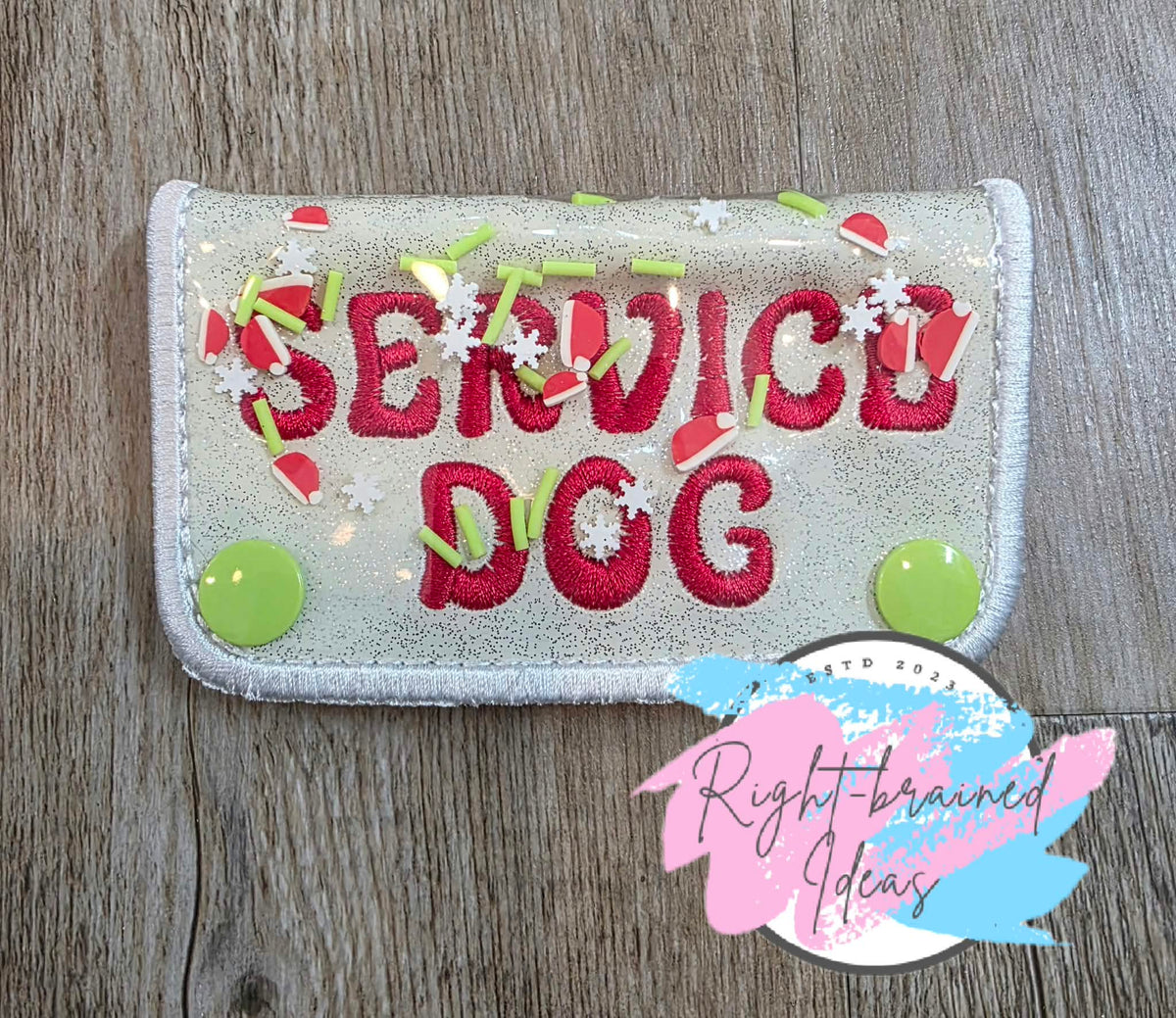 Grinch Inspired Service Dog Red On Sparkle White Vinyl Mini Leash Wrap