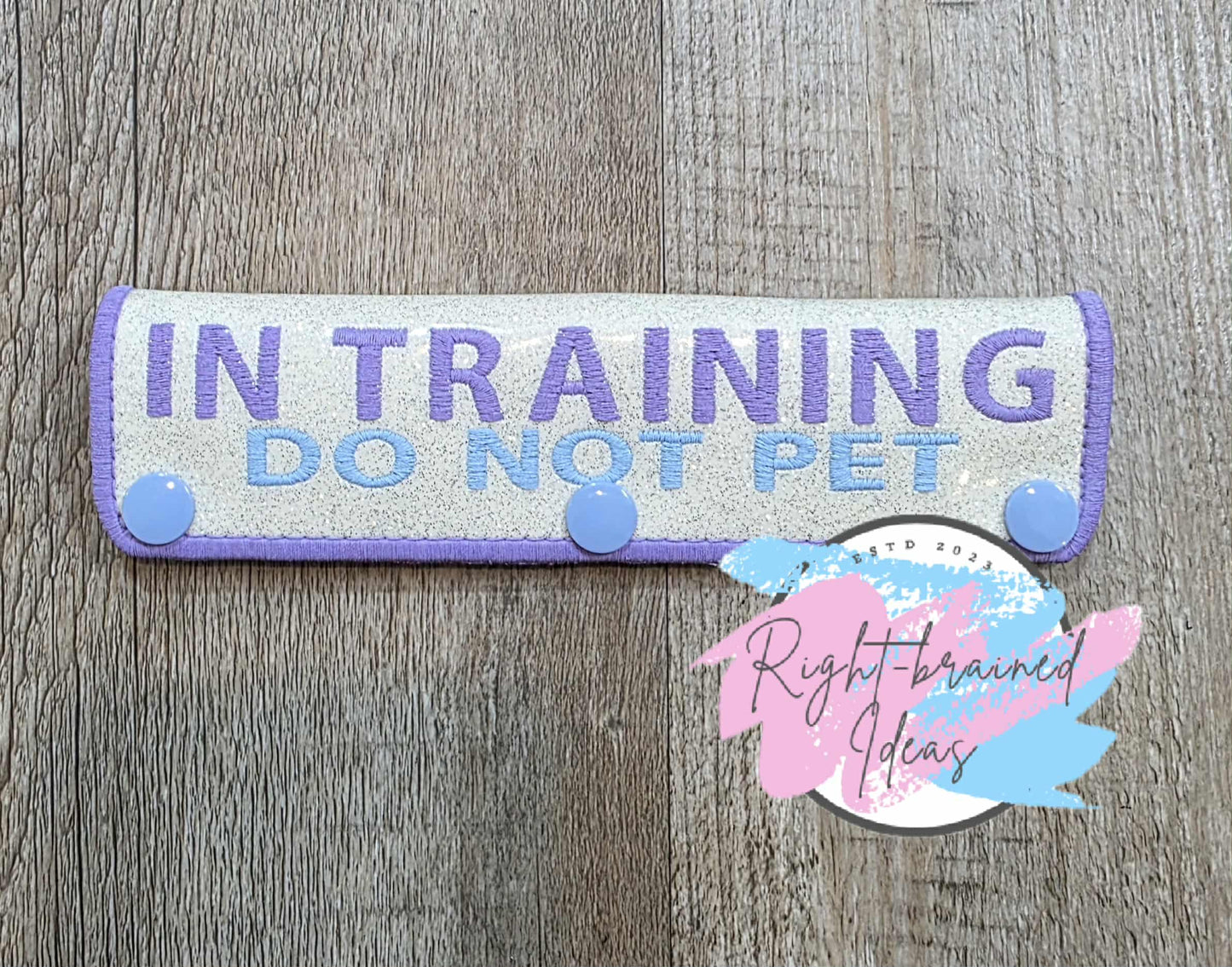 Frosted Service Dog In Training Flat Matt Lavender/Baby Blue On Sparkle White Vinyl Five-piece Patch and Leash Wrap Set