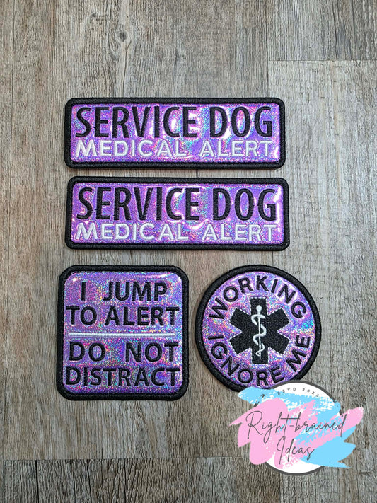 Service Dog Medical Alert Black And White On Sparkle Purple Holographic Vinyl Four-piece Patch Set