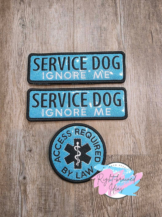 Service Dog Ignore Me White and Black On Sparkle Light Blue Vinyl Three-piece Patch Set