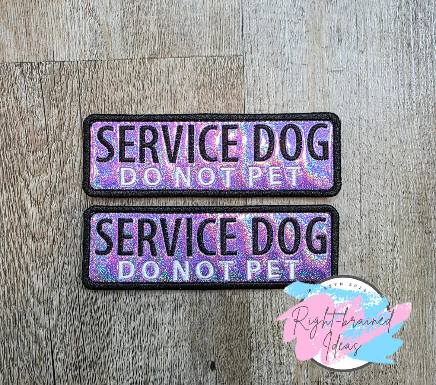 Service Dog Do Not Pet Black And White On Sparkle Purple Holographic Vinyl Five-piece Patch And Leash Wrap Set