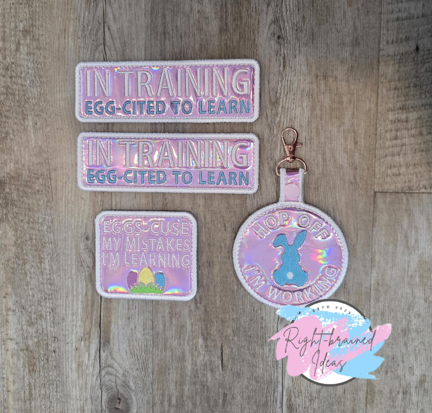 Easter Egg and Bunny Inspired In Training White on Light Pink Holographic Vinyl Four-piece Patch and Patch Tab Set