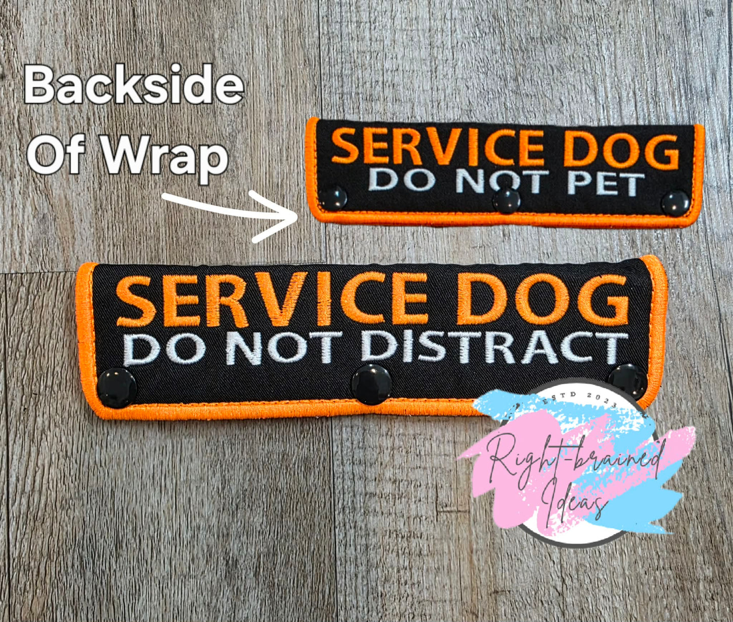 Service Dog Medical Alert Neon Orange And White On Lightweight High Performance Black Twill Five-piece Patch And Double-sided Leash Wrap Set