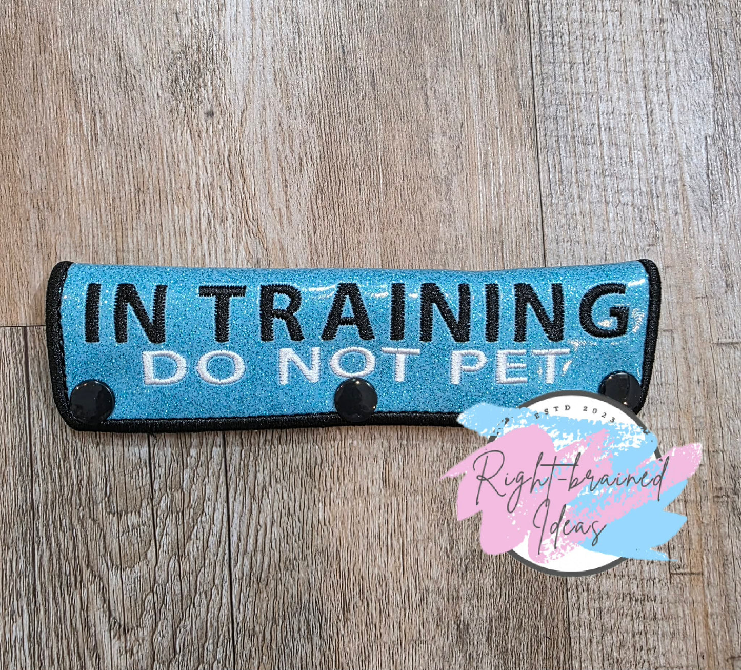 In Training Do Not Pet Black And White On Sparkle Light Blue Vinyl Five-piece Patch And Leash Wrap