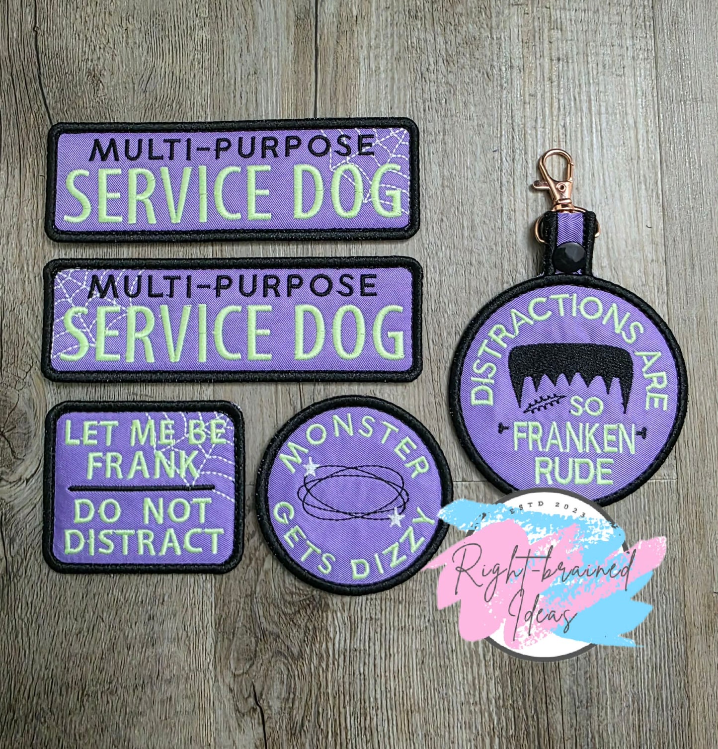 Service Dog Spooky Season Inspired Multi-purpose Glow-In-The-Dark light Green and Black on Lavender Light-Weight High Performance Twill Five-piece Patch and Patch Tab Set