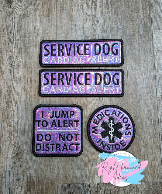Service Dog Cardiac Alert Black And White On Sparkle Purple Holographic Vinyl Four-piece Patch Set
