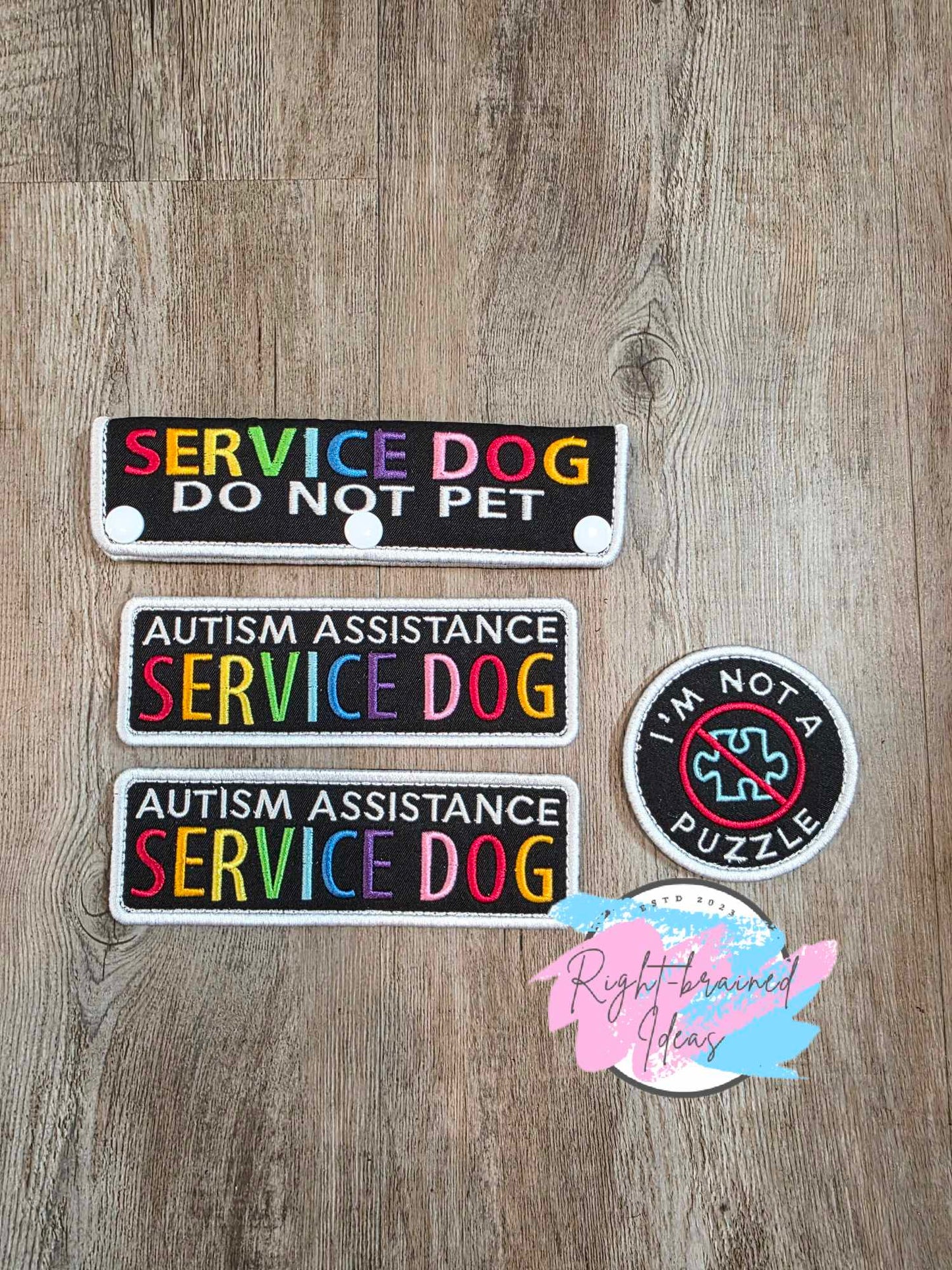 Service Dog Autism Assistance Rainbow and White on Black Light-Weight High Performance Twill Neurodivergent Inspired Four-piece Patch and Leash Wrap Set