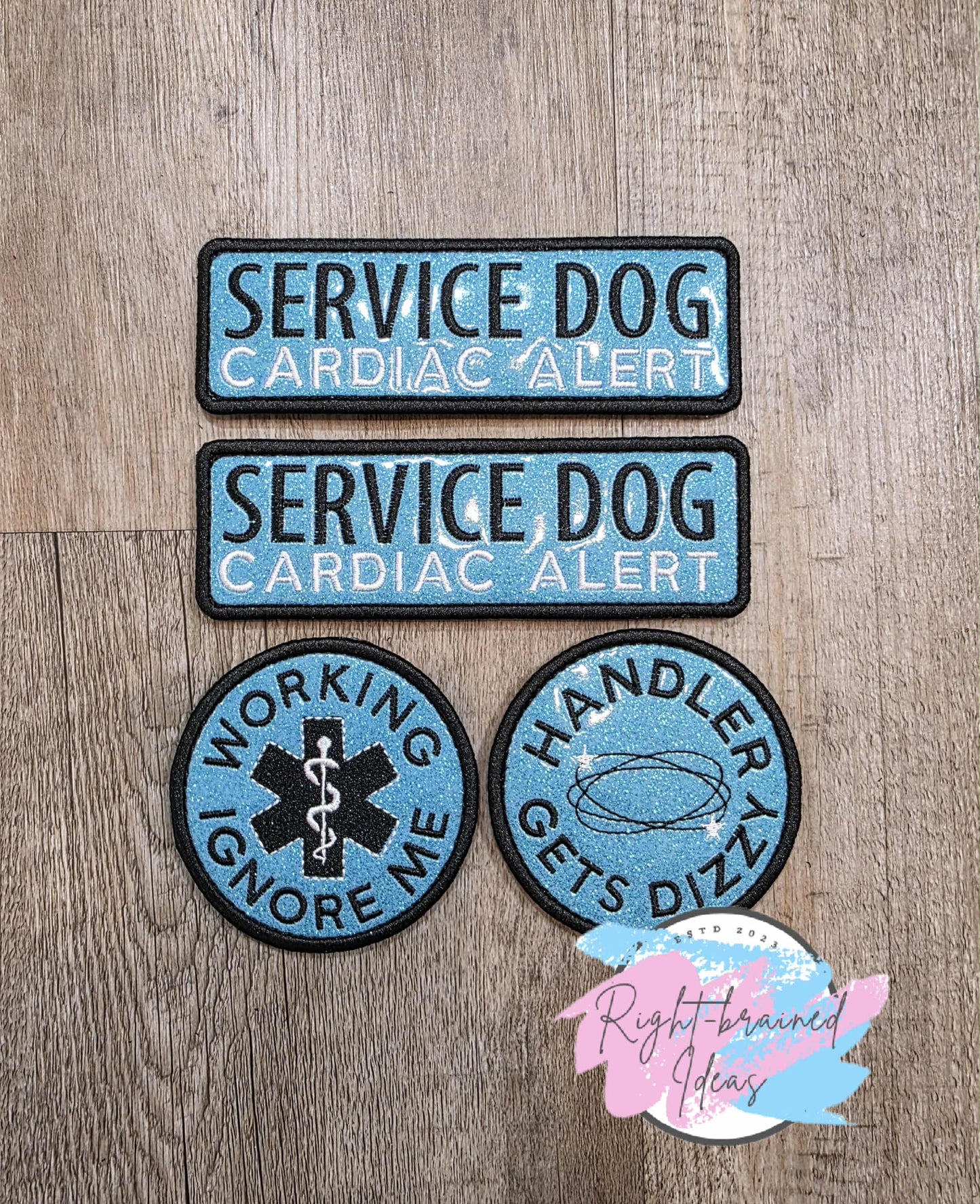 Service Dog, Cardiac Alert Black And White On Sparkle Sky Blue Vinyl Four-piece Patch Set
