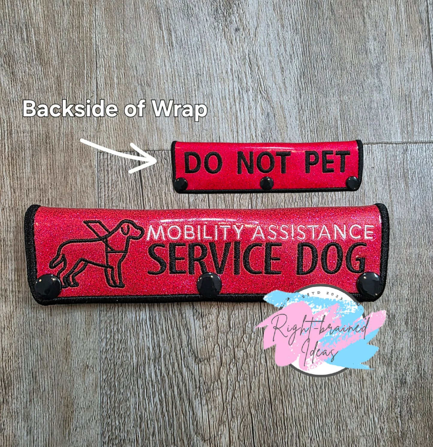 Service Dog Do Not Pet Black And White On Sparkle Red Vinyl Five-piece Patch And Double-sided Leash Wrap Set