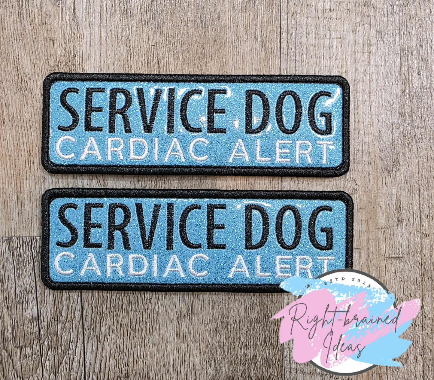 Service Dog, Cardiac Alert Black And White On Sparkle Sky Blue Vinyl Four-piece Patch Set