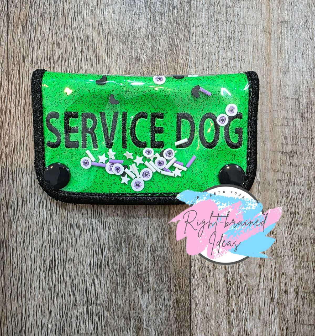 Eyes, Bats, Stars And Jimmies Service Dog Black On Sparkle Neon Green Vinyl Confetti Shaker Wrap