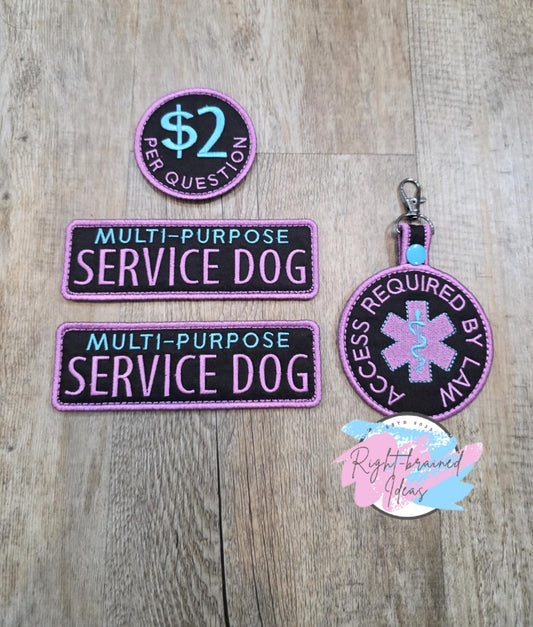 Service Dog Multi-Purpose Lavender and Sky Blue On Black Twill Four-piece Patch And Patch Tab Set