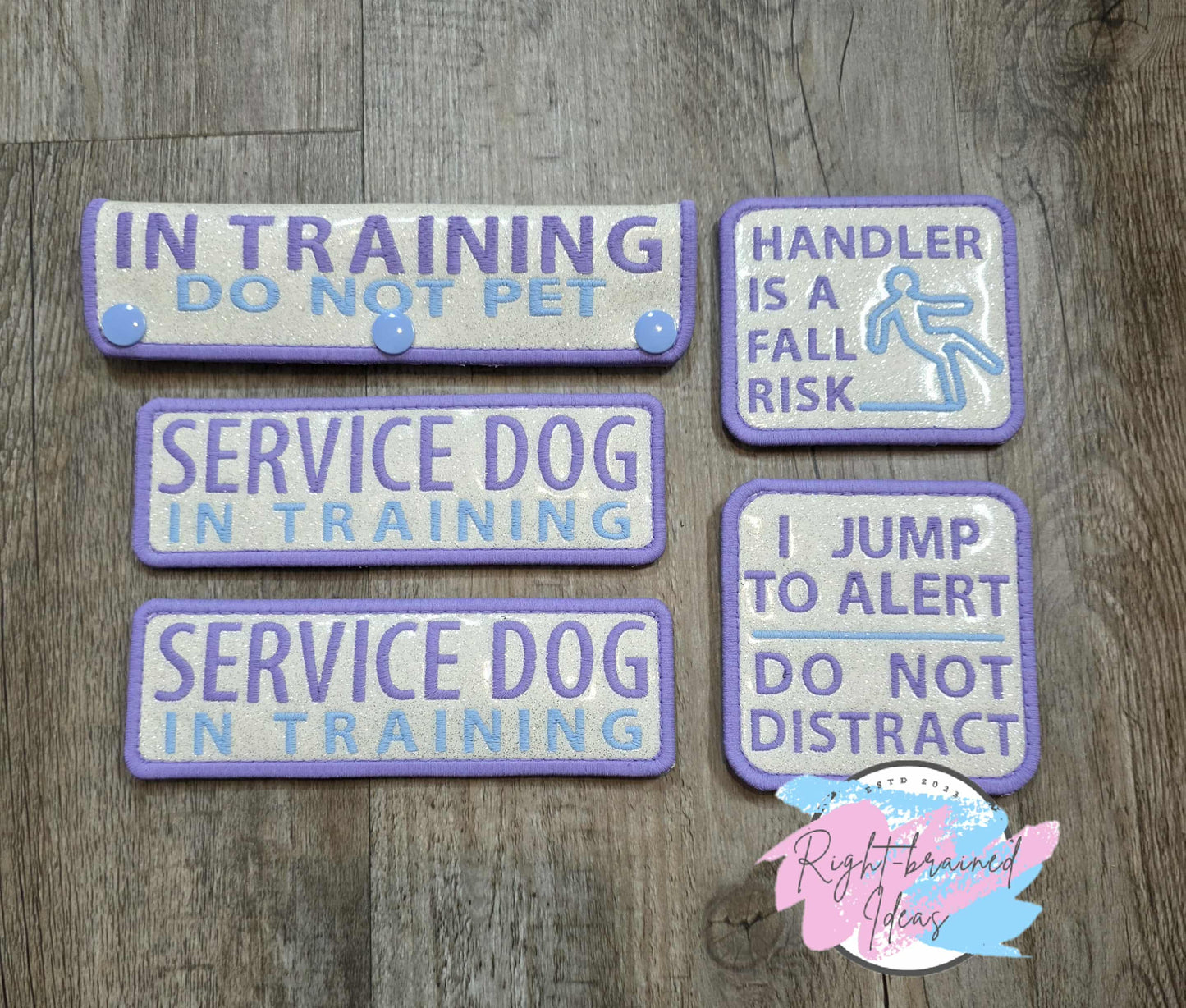 Frosted Service Dog In Training Flat Matt Lavender/Baby Blue On Sparkle White Vinyl Five-piece Patch and Leash Wrap Set